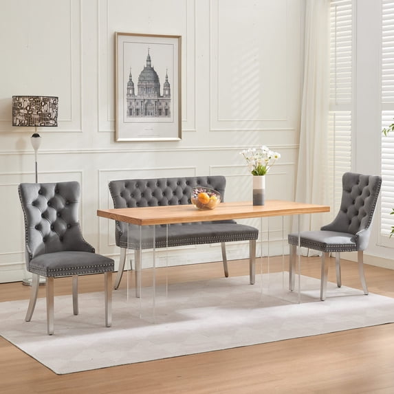 3 Pieces Dining Chair Set Includes 1 Loveseat Bench and 2 Dining Chairs Tufted Back with Silver Stainless Steel Legs for Kitchen Dining Room Living Room