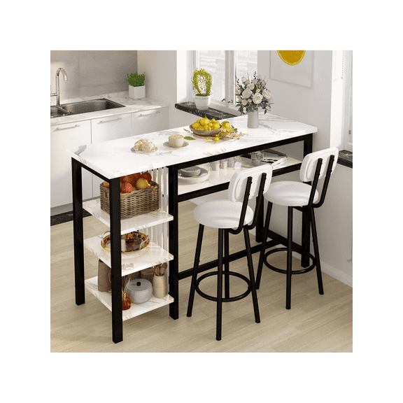 3 Pieces Dining Room Table Set With 2 Upholstered Bar Stools, Modern Farmhouse Style Kitchen Table Set With Multiple Tier Storage Shelves, MDF Table Top And Metal Frame
