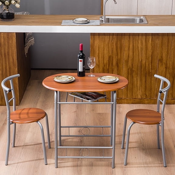 Enyopro 3 Pieces Dining Set, Bistro Table Set with Metal Frame and Shelf Storage, Contemporary Bar Table Set, Couple Wooden Table and 2 Chairs Set for Cafe/Breakfast Nook/Kitchen, Space Saving