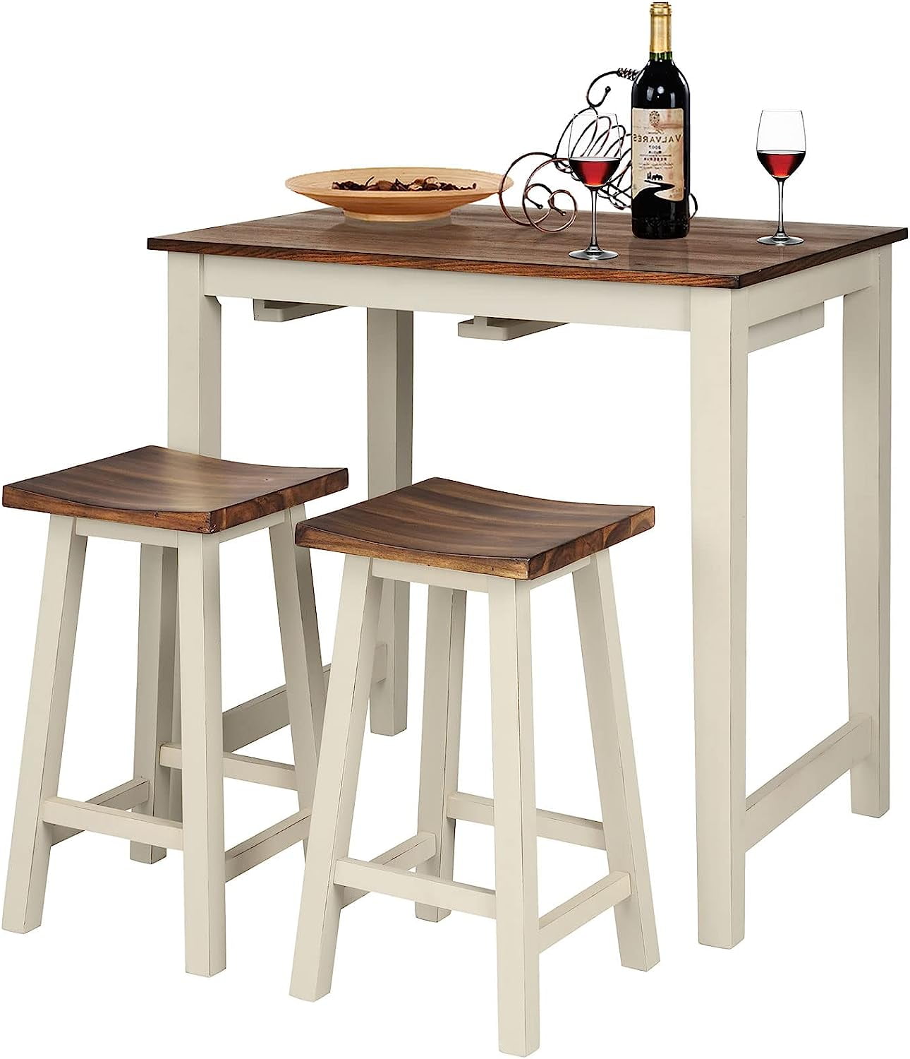 3 Pieces Dining Set, Counter Height Pub Table Set with 2 Saddle Stools, Industrial Wood Breakfast Table Set for Bar, Kitchen, Living Room, Restaurant