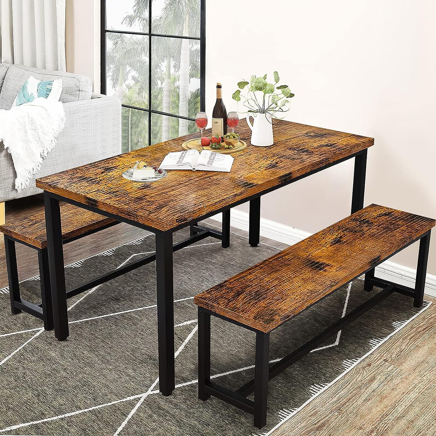 3Pieces Dining Table Set with 2 Benches Dining Table Set for 4 Wood
