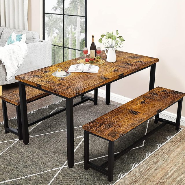 3Pieces Dining Table Set with 2 Benches Dining Table Set for 4 Wood