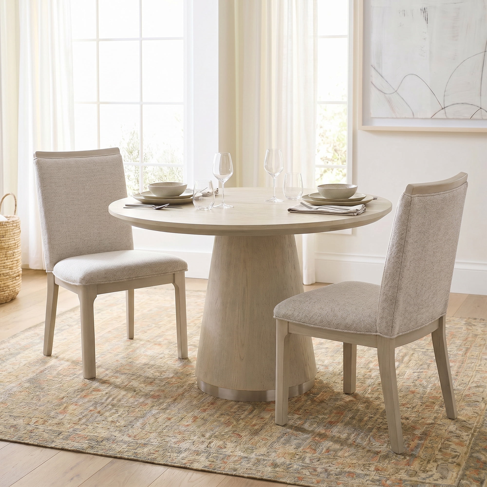 3 Pieces Dining Table and Chairs Set, 43" Circle Kitchen Table with Pedestal Base and 2 Solid Wood Dining Chairs with Soft Padding