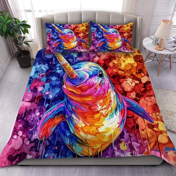 3 Pieces Duvet Cover Set-Abstract 3D Narwhal- 3D Print Bedding 1 Duvet Cover 2 Pillowcases Natural Animals Comforter Set Soft Breathable for Boys Girls Children Duvet Set 4B54ANI20