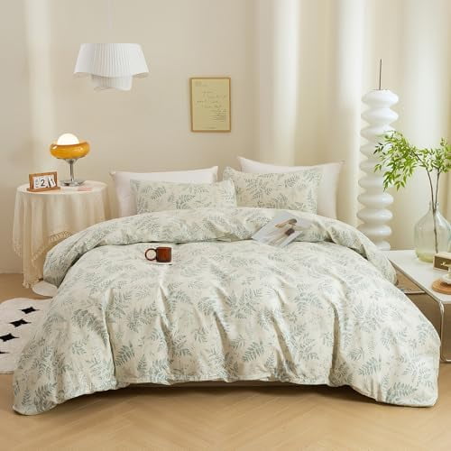3 Pieces Duvet Cover Set with Vintage Green Leaves Pattern 100% Natural Cotton, Ultra Soft and Easy Care Breathable Cozy Simple Style Bedding Set (King Size)