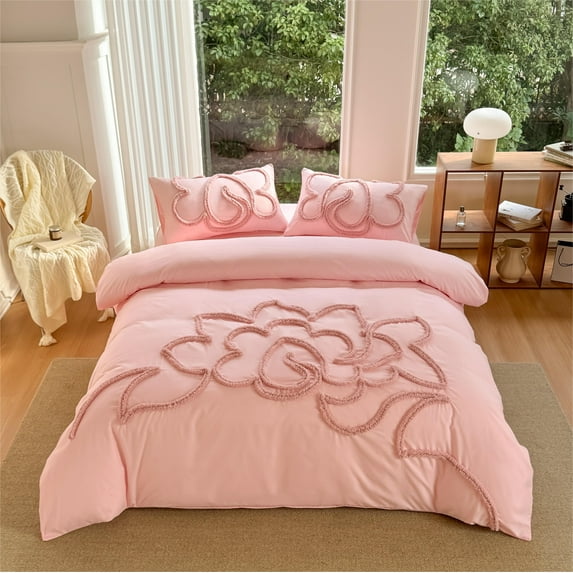 2 Pieces Duvet Covers Set, Boho Tufted Comforter Sets with Zipper Closur, Soft Breathable Floral Bedding Set for All Seasons(Pink,Twin Duvet Cover 68"*90")