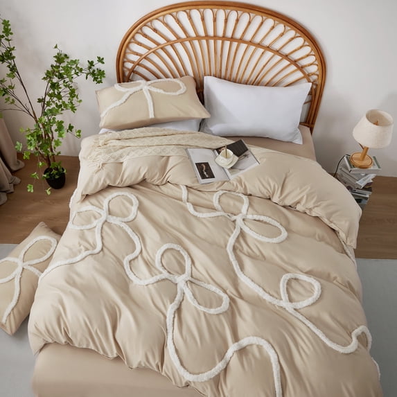 3 Pieces Duvet Covers Set, Boho Tufted Comforter Sets with Zipper Closur, Soft Breathable Floral Bedding Set for All Seasons(Beige,King, 104"x90")