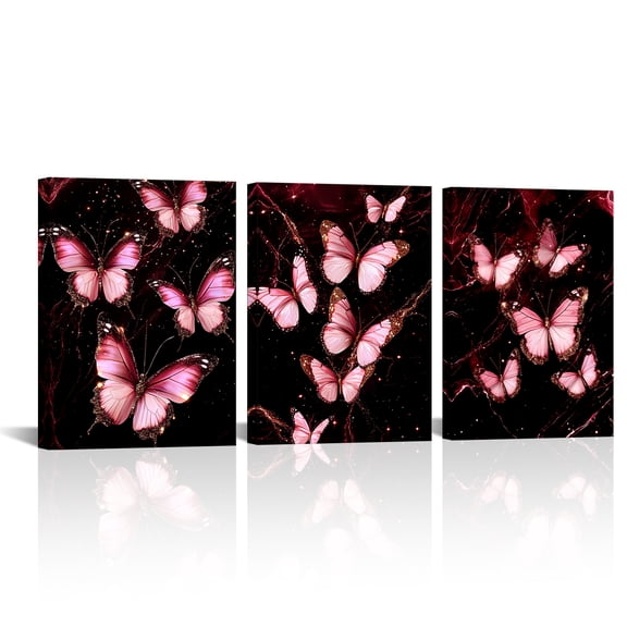 3 Pieces Elegant Peach Butterfly Canvas Wall Art Vibrant Jewel Abstract Print Chic Home Decor for Living Room Bedroom 12x16inchx3panels(Framed)