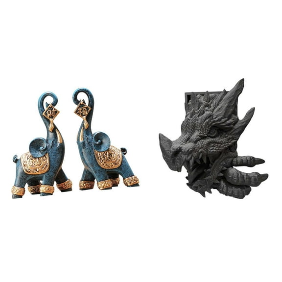 3 Pieces Elephant Statues Dragon Bookend Animal Ornament Durable Resin Material for Home Office Bookshelf Decor