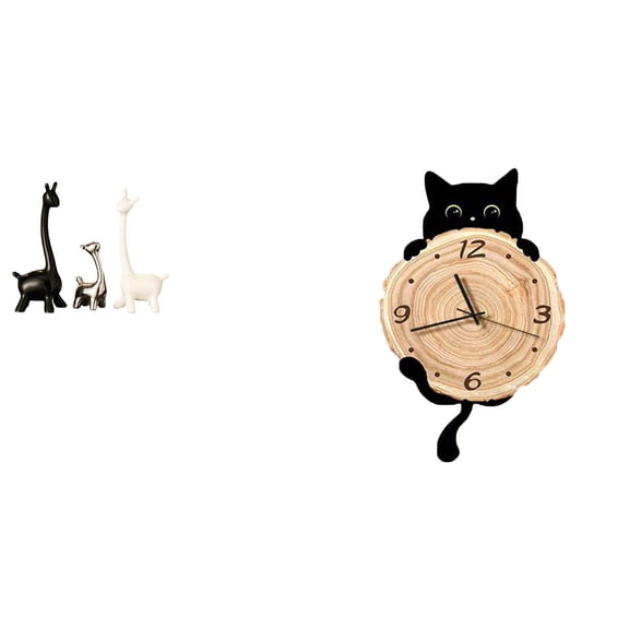 3 Pieces Elk Statue Giraffe Figurine Cat Wall Clock Ceramic Material for Living Room Bedroom Office Decor