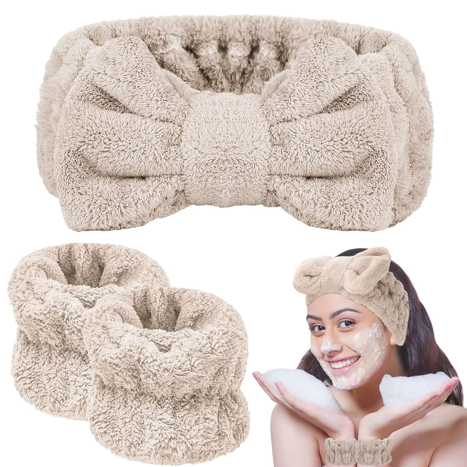 Extra Wide Non Slip Headbands 3.15in Wide with Teeth 5 Pack Elastic Thick 3 Pieces Face Wash Headband and Wristband Set, Spa Headband  main image 3