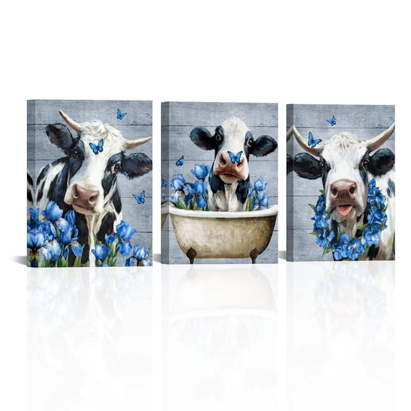 3 Pieces Farmhouse Goat Canvas Wall Art Bathroom Cute Goat With Flower Wall Decor Poster Prints Painting Framed Artwork For Bathroom Toilet Office Bedroom 12x16inchx3panels(Framed)