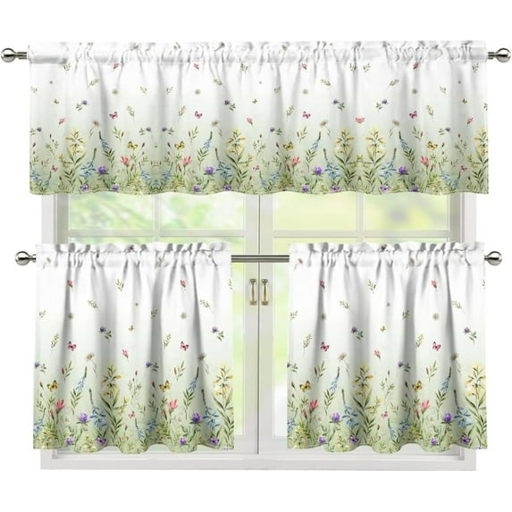 3 Pieces Fashion Indoor Decorations Kitchen Curtains and Valances Set Rod Pocket Tier Curtains for Living Room Bedroom Bathroom, Butterfly Floral Printed