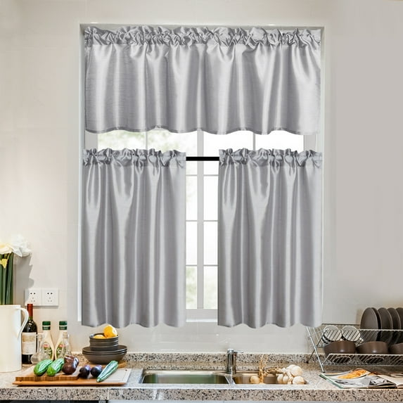 3 Pieces Faux Silk Sheer Curtains Solid Color Rod Pocket Drapes for Kitchen Bathroom,Set with 2 Tiers 26x36 inch Each and 1 Valance 52x14 inch