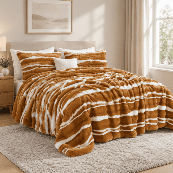 3 Pieces Ffaux Rabbitforter Set Queen Size Caramel Plush Fuzzy Beddingl ...