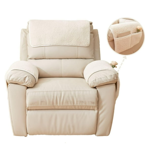 3 Pieces Flannel Plush Sofa Armrest Cover Headrest Cover for Recliners Soft Fuzzy Non Slip 2 Arm Rest Covers and 1 Headrest Protector for Recliner Leather Sofa Couch(Beige,1 Seat)