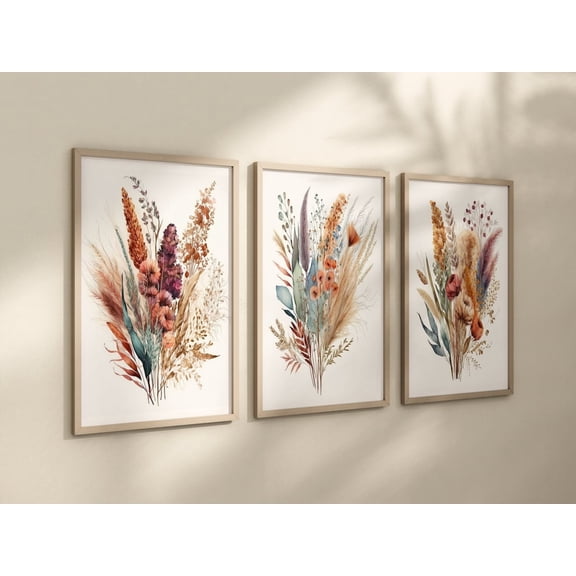 3 Pieces Floral Art Prints Canvas Painting Framed Poster Modular Grass Wildflower Wall Pictures Artwork for Baby Nursery Bedroom Decoration with Wooden Inner Frame