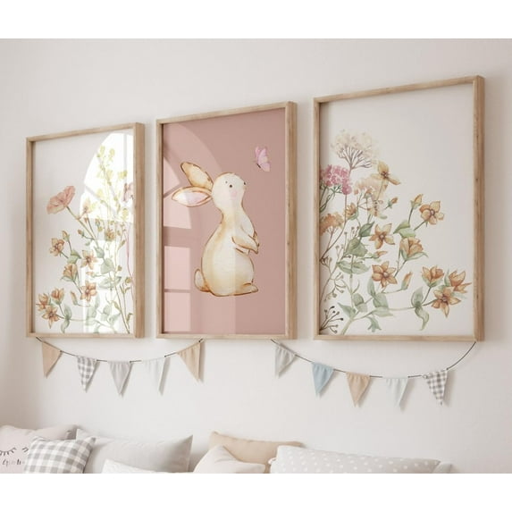 3 Pieces Floral Canvas Art Print Wildflower Bunny Nursery Wall Art Painting for Girls Room Nursery Decor With Inner Frame