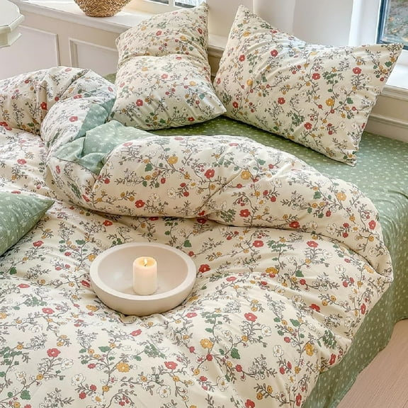 3 Pieces Floral Duvet Cover Queen Size 100% Cotton Green Red Flowers Leaves Printed Comforter Cover Soft Breathable Spring Bedding Set with Zipper Closure