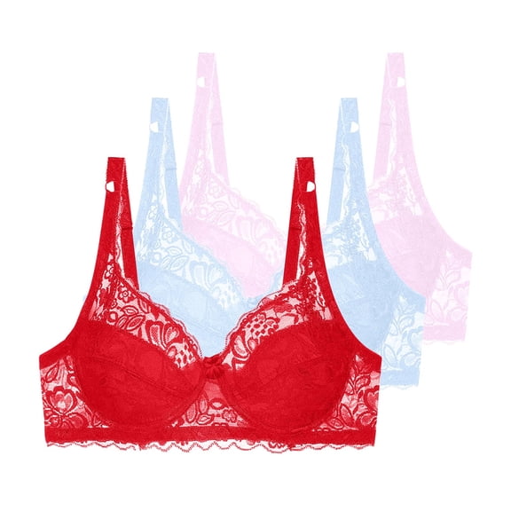 3 Pieces Floral Lace Underwire Bras Womens Plus Size Plunge Push Up T-Shirt Bras Support Demi Padded Bralette, 34/75B