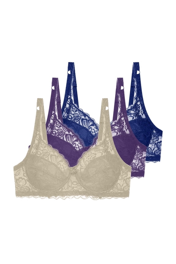 3 Pieces Floral Lace Underwire Bras Womens Plus Size Plunge Push Up T-Shirt Bras Support Demi Padded Bralette, 34/75B