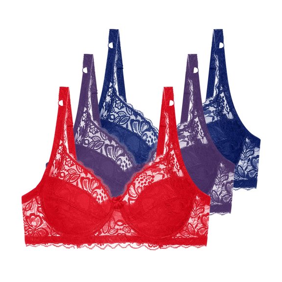 3 Pieces Floral Lace Underwire Bras Womens Plus Size Plunge Push Up T-Shirt Bras Support Demi Padded Bralette, 36/80C