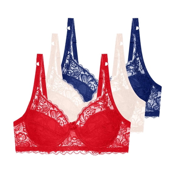 3 Pieces Floral Lace Underwire Bras Womens Plus Size Plunge Push Up T-Shirt Bras Support Demi Padded Bralette, 36/80C