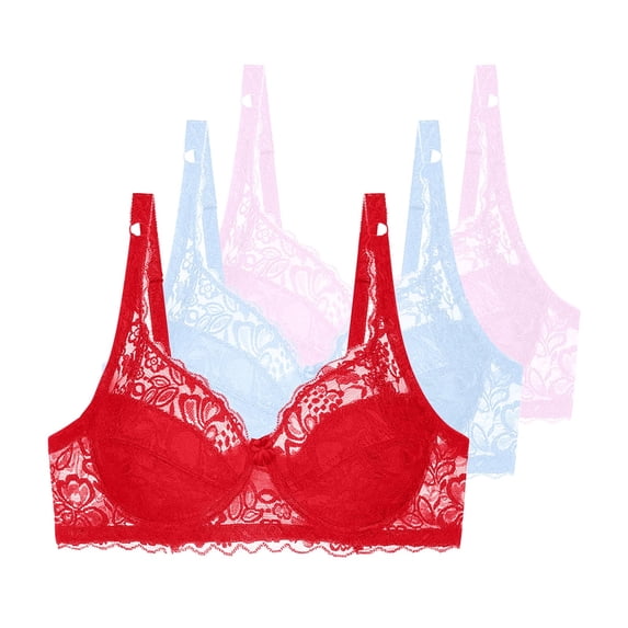 3 Pieces Floral Lace Underwire Bras Womens Plus Size Plunge Push Up T-Shirt Bras Support Demi Padded Bralette, 38/85B