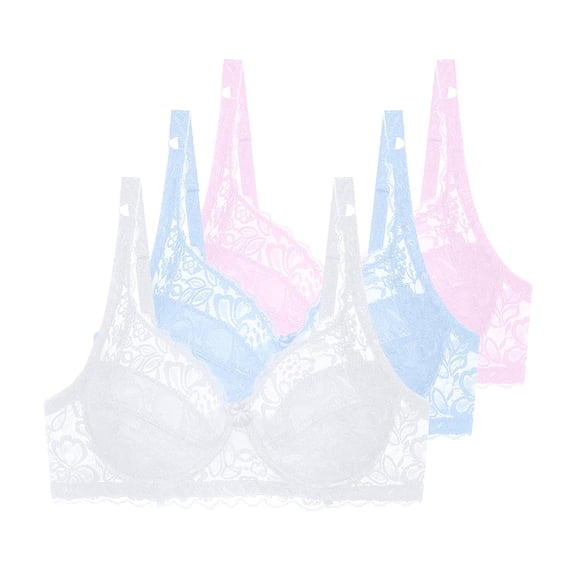 3 Pieces Floral Lace Underwire Bras Womens Plus Size Plunge Push Up T-Shirt Bras Support Demi Padded Bralette, 38/85C