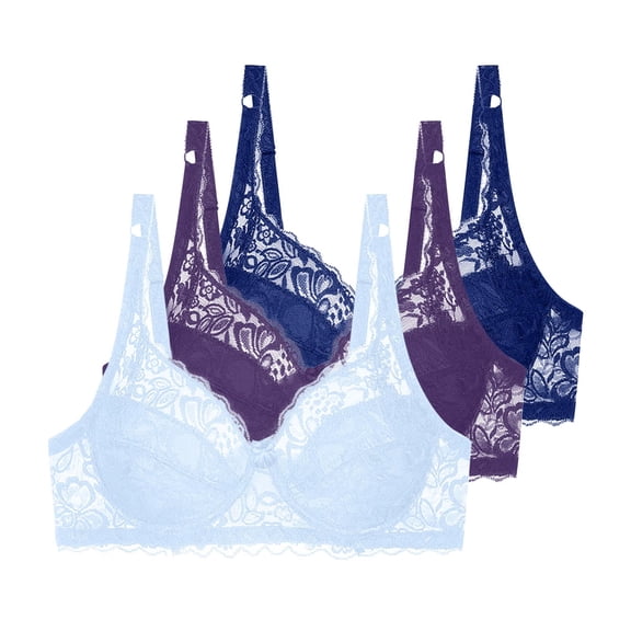 3 Pieces Floral Lace Underwire Bras Womens Plus Size Plunge Push Up T-Shirt Bras Support Demi Padded Bralette, 38/85C