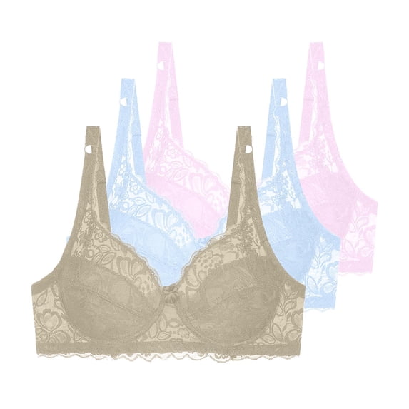 3 Pieces Floral Lace Underwire Bras Womens Plus Size Plunge Push Up T-Shirt Bras Support Demi Padded Bralette, 40/90C