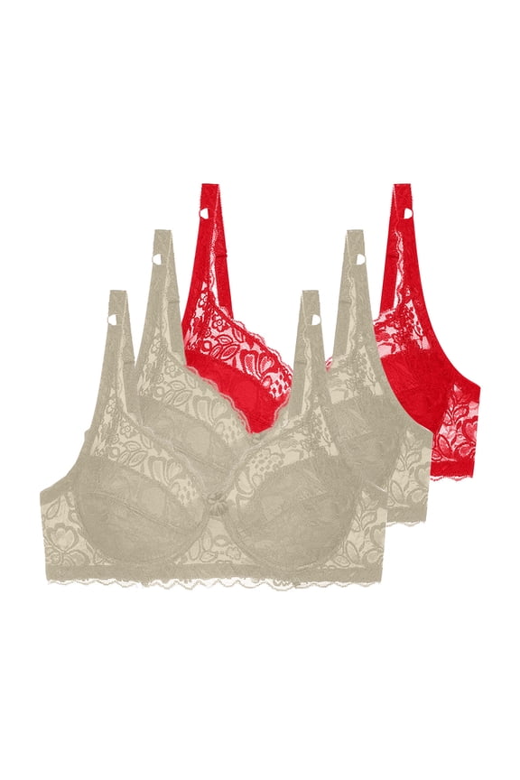 3 Pieces Floral Lace Underwire Bras Womens Plus Size Plunge Push Up T-Shirt Bras Support Demi Padded Bralette, 40/90C