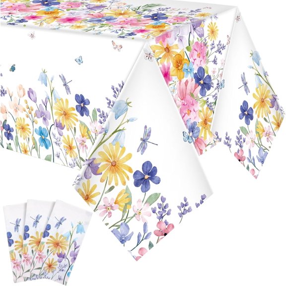 3 Pieces Floral Plastic Tablecloth 54 x 108 Inch Watercolor Wild Flower Design for Dining Table Easter Baby Bridal Shower Birthday Party Decor