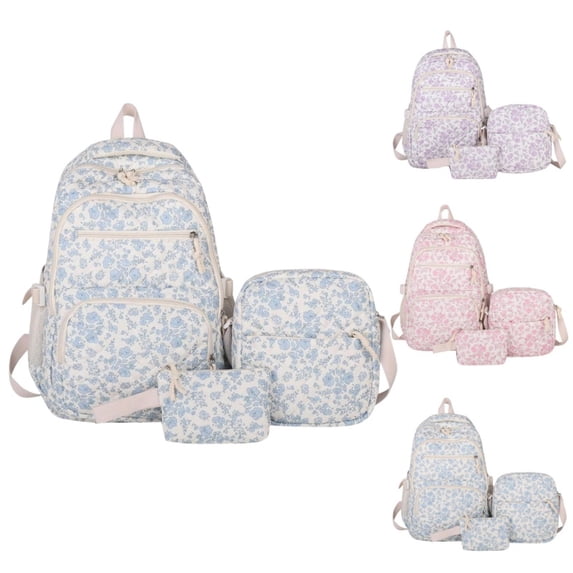 3 Pieces Floral Print Backpack Set, Waterproof Large Capacity Laptop Backpack With Crossbody Bag And Pouch, Lightweight Travel Daypack For Students Daily Use