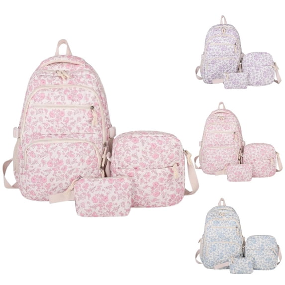 3 Pieces Floral Print Backpack Set, Waterproof Large Capacity Laptop Backpack With Crossbody Bag And Pouch, Lightweight Travel Daypack For Students Daily Use