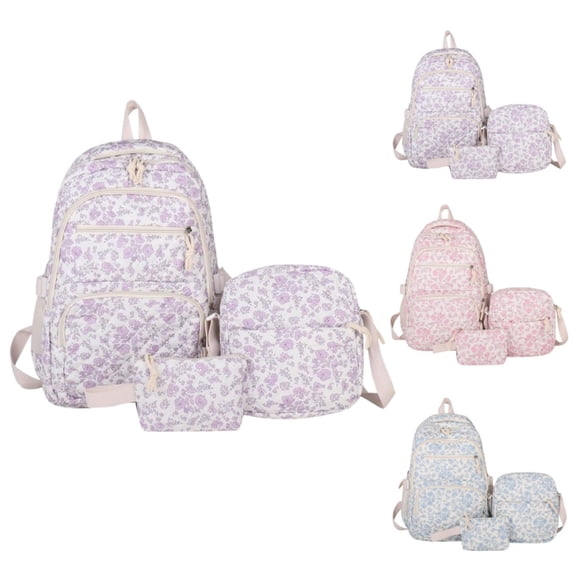 3 Pieces Floral Print Backpack Set, Waterproof Large Capacity Laptop Backpack With Crossbody Bag And Pouch, Lightweight Travel Daypack For Students Daily Use