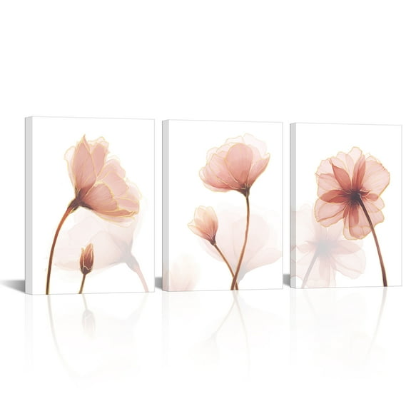 3 Pieces Flower Canvas Wall Art Transparent Flower Picture Wall Decor Floral Painting Framed Poster for Bathroom Easy to Hang Each Panel 12x16 Inch (Pink)