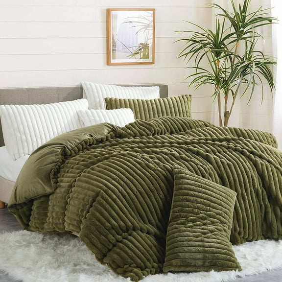 3 Pieces Fluffy Duvet Cover Warm Cozy Faux Fur Olive Green Queen Comforter Cover For Winter Ultra Soft Plush Shaggy Comforter Cover Set