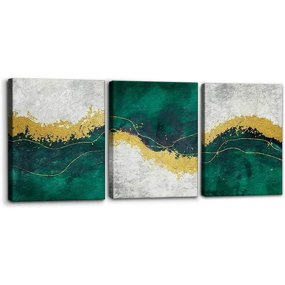 3 Pieces Framed Canvas Print Wall Art Set Geometric Gold Green Paint Strokes Abstract Shapes Illustrations Modern Art Decorative Multicolor Chic for Living Room Bedroom Office - 12" x 16" x 3
