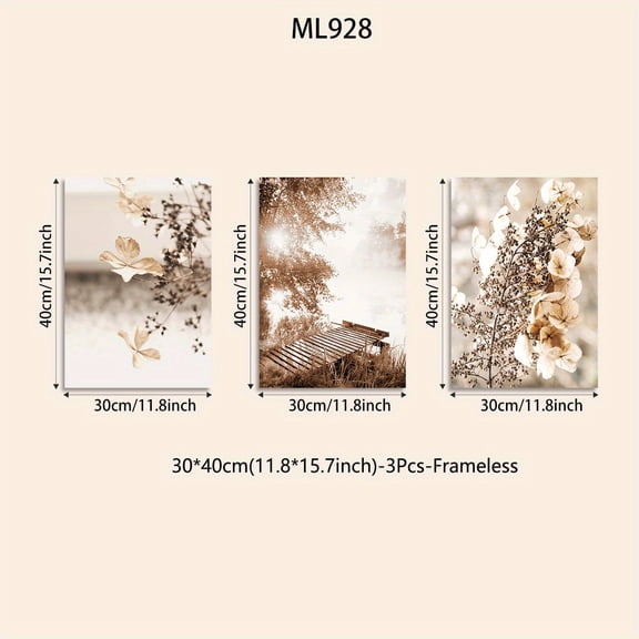 3 Pieces Frameless Decorative Painting Modern Bohemian Style Lake Mist Landscape Leaves Flowers Grass Hay Plant Hanging Picture Home Simple Decorative Mural Living Room Bedroom Bathroom Background