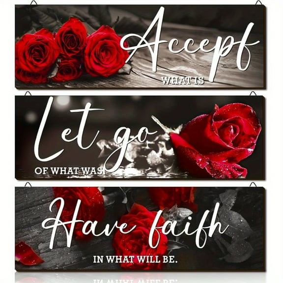 3 Pieces Frameless Rose Wall Art Accept Let Go Have Faith Bedroom Wall Decoration Floral Romantic Flowers, Inspirational Quotes Decoration Living Room Bathroom Farmhouse Bedroom Art 4* 10inch
