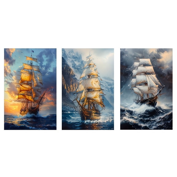 3 Pieces Frameless Sea Canvas Painting - Golden Sailboat and Stormy Ocean Poster, Suitable for Living Room, Bedroom, Bathroom, Office, Corridor Decoration, Bedroom Wall Decoration
