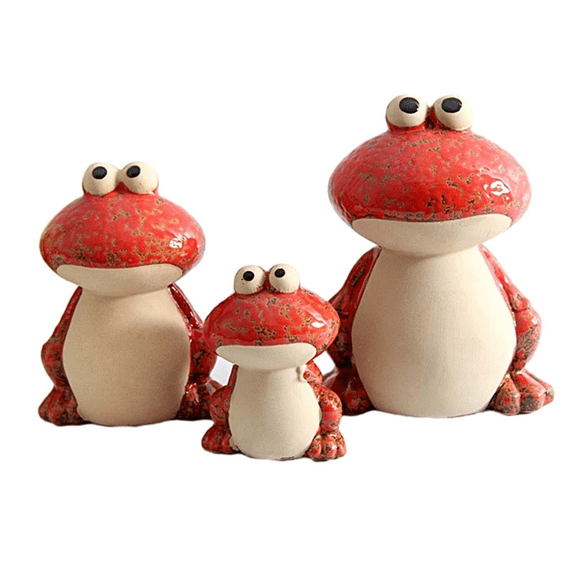 3 Pieces Frog Family Figurines Statue Miniature Ceramic Figurine Animal Ornament for Bookshelf Red