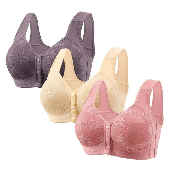 3 Pieces Front Closure Wireless Bras for Women New Front Snap Closure Lace Push-up Padded Bras for Older Senior Women, No Underwire Comfortable Wide Straps R-23 Multicolor XXL