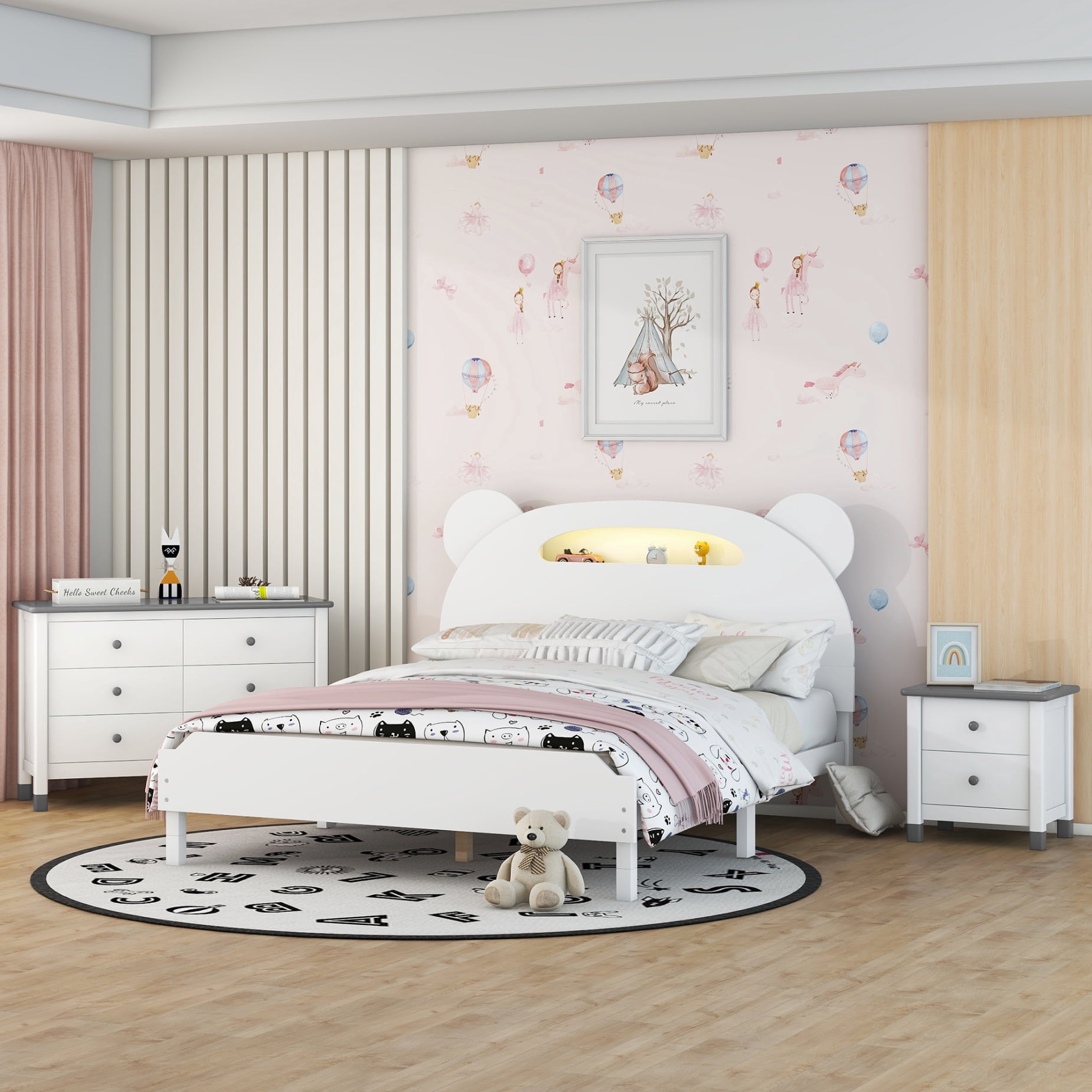 3Pieces Full Bedroom Sets, Wooden Kids Bedroom Furniture Sets with
