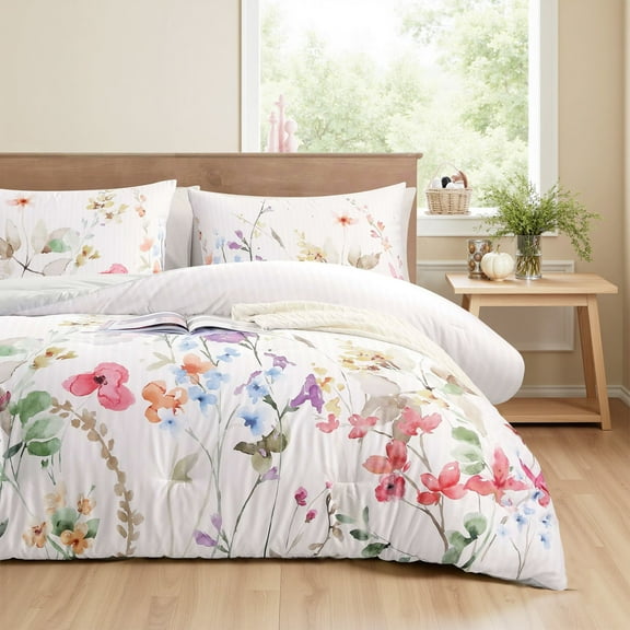 3 Pieces Full Comforter Set, Soft Reversible Bedding Sets, Floral Print Bedding Comforter for All Seasons, White