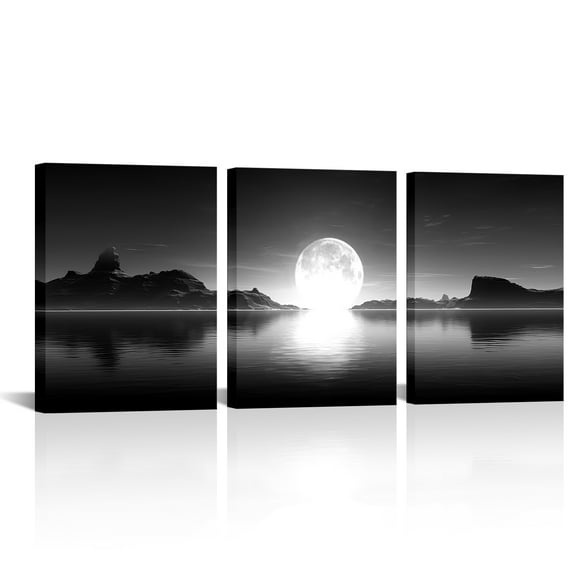 3 Pieces Full Moon Phase Canvas Wall Art Vertical Black and White Picture Moon on Sea Print Modern Bedroom Decorations Cool Apartment Decor for Men