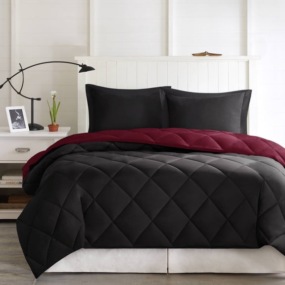 3 Pieces Full/Queen 3M Scotchgard Diamond Quilting Reversible Down Alternative Comforter Set,Red+Black