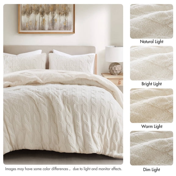 3 Pieces Full/Queen Cable Knit Chenille Comforter Set,Ivory