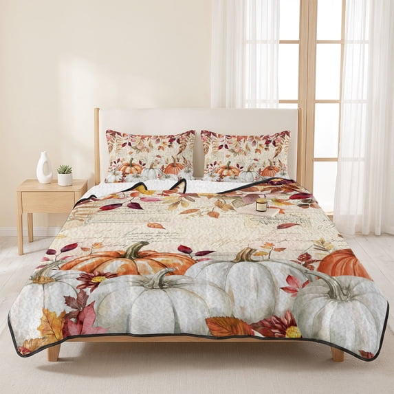 3 Pieces Full Quilt Set,Autumn Country Pumpkins on Letter Soft Bedding ...